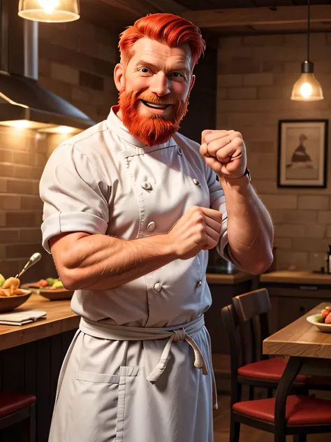 a man in his mid-50s of Northern European type with red hair and beard. He is happy about a personal success. He makes a winning pose with a fist. He joyfully shouts: “Yes”, into the camera. He is a Chef. 