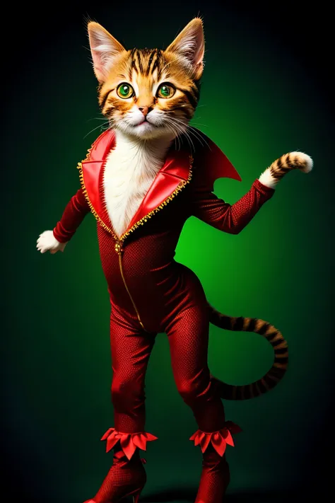 ((Best Quality)), ((masterpiece)), (detailed), Cute kitten standing on two legs in devil costume for Halloween party,Background is green