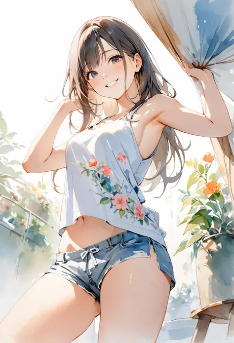 8k,masterpiece,Best Quality, From below , Cowboy Shot ,Sexy pose,One Girl, Portraiture, Floral, Watercolor sketch, Light, Long Hair, ,smile, Watercolor (Medium),Watercolor,Tank tops