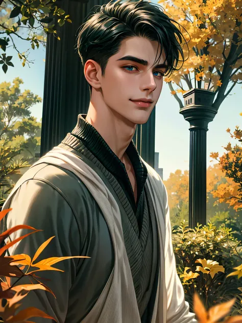 handsome young man, short grayish black hair, blue eyes, ombros largos, masterpiece, Absurd, Beautiful and detailed face , gentle smile, with a dark green long sleeve sweater, in a bright autumn environment