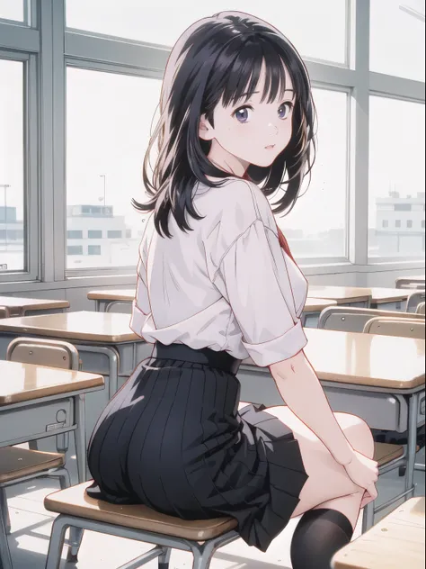 (8k、Realistic、RAW Photos、Best Quality: 1.3)、（real skin）,beautiful expression、high detail、Super A high resolution、(School uniform,Sailor suit,Purple Shirt,Navy Skirt,White Thailand)、Soft、Beautiful detailed face,(One girl,Long black hair),classroom,beautiful...