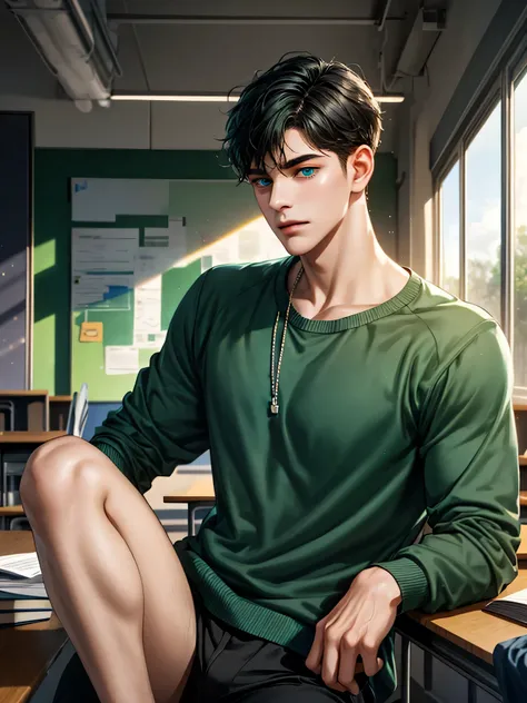 Handsome young man, black hair short hair, blue eyes, ombros largos, masterpiece, Absurd, Beautiful and detailed face, with dark green long sleeve adidas sweater, daytime environment, sitting in a classroom