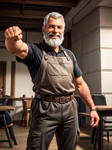 a man in his late-50s of Northern European type with short black hair and beard. He is happy about a personal success. He makes a winning pose with a fist. He joyfully shouts: “Yes”, into the camera. He is a metall worker. 