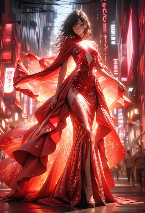 (Masterpiece, best quality:1.2), ultra-detailed, 8k, photorealistic, a regal woman in an extravagant, futuristic red gown made of shimmering metallic fabric that reflects light like liquid fire. The gown features intricate, glowing patterns that pulse soft...