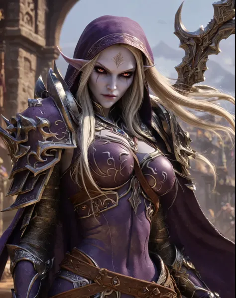 cinewow sylvanas windrunner, ((masterpiece)), (best quality), awardwinning, trending on artstation cinematic, perfect body proportions, full body, side view, detailed face, piercing eyes, flowing hair, elegant armor, intricate details, dramatic lighting, c...