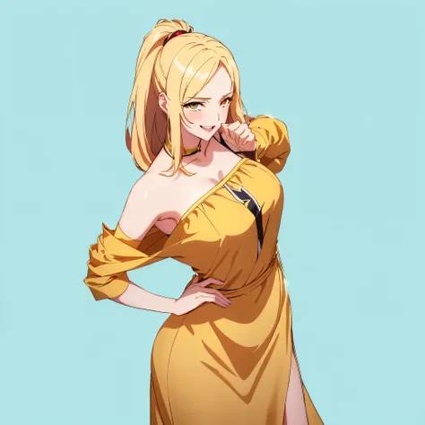 anime girl in a yellow dress posing for a picture, cushart krenz key art feminine, anya from spy x family, blonde anime girl with long hair, render of april, faye valentine, seductive anime girl, cushart kenz, female anime character, official art, characte...