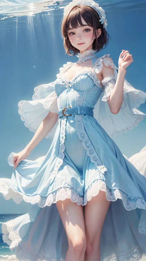 One girl, young girl, (small breasts), wearing dress, light blue dress, white wave like frills made of lace, lacework, brown belt, thighs, short hairs,  blushing, smiling, extremely detailed eyes, 4k, perfect lighting, standing