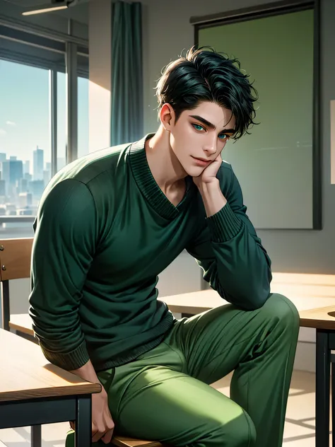 Handsome young man, black hair short hair, blue eyes, ombros largos, masterpiece, Absurd, Beautiful and detailed face, with dark green long sleeve adidas sweater, wide green pants, sunny day , sitting in a classroom, gentle smile, looking to the side