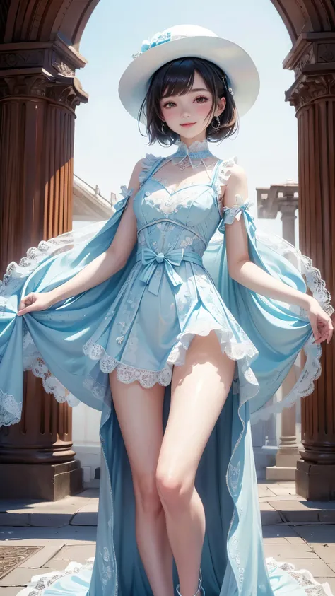 One girl, young girl, (small breasts), wearing dress, light blue dress, white wave like frills made of lace, lacework, brown belt, thighs, short hairs,  blushing, smiling, extremely detailed eyes, 4k, perfect lighting, standing, waist slit, hat