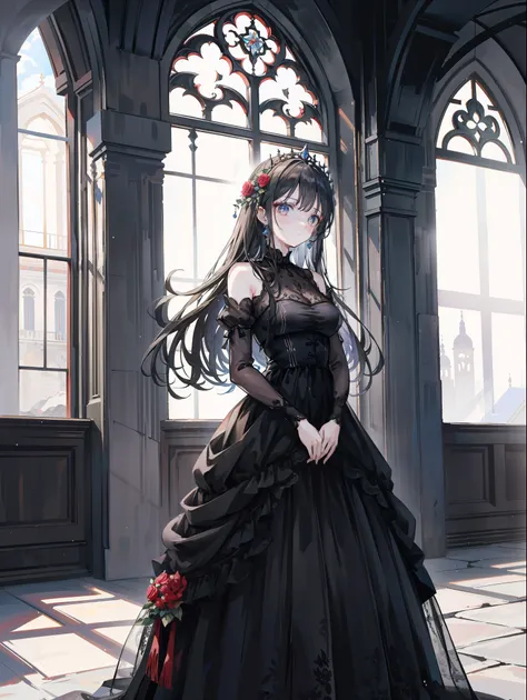 бал Middle ages, big beautiful hall, Middle ages, the hall is decorated with flowers, young woman, young woman в роскошном большом платье Middle ages, black dress, ball gown, fluffy black skirt
