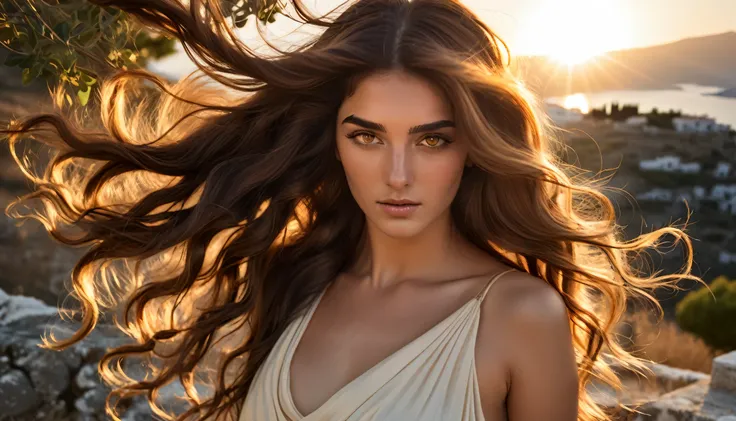 Medusa’s hair flowing like dark silk in the breeze of a serene Greek hillside. The sun casts a warm glow, illuminating her soft features in a tranquil, idyllic setting.
