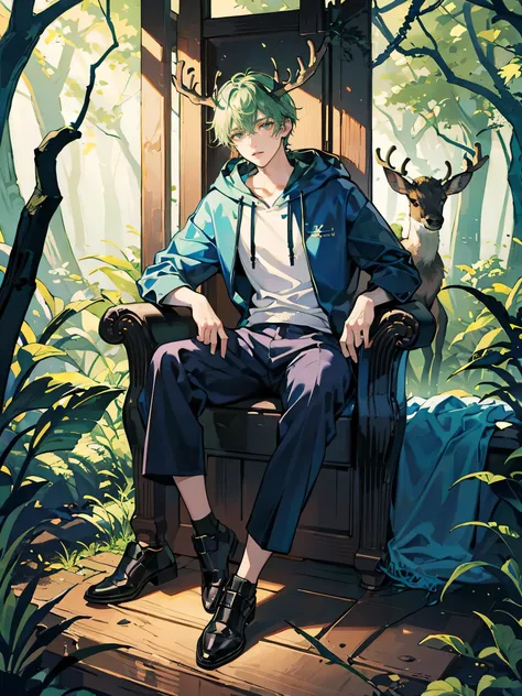 Dark skin male, long white and green hair, dark forest, glowing deer in background, sitting on throne, full body, midnight forest, glowing blue, hoodie and pants