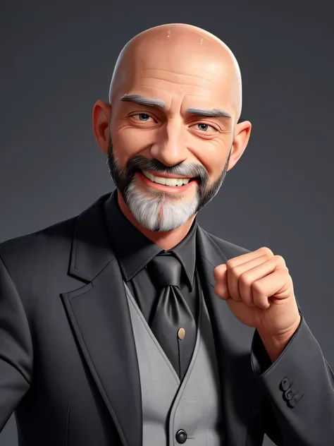 A business coach. He is in his mid-50s, bald and has a black beard. He wears a dark blazer over a dark shirt. He smiles kindly and wisely into the camera. He is an expert in his field. He is wealthy and exudes self-confidence. He is sporty and smart.