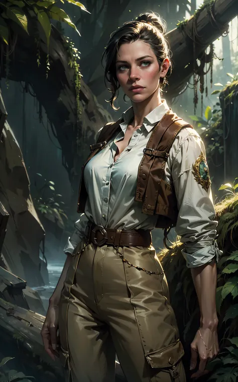 (Evangeline Lilly:Alicia Vikander) ponytail, Explorer in the jungle, white shirt, green jacket, beige cargo pants, year 1925, Lovecraft atmosphere, dark atmosphere, masterpiece, hyperdetailed, trending on artstation, sharp focus, golden ratio, 4k resolutio...