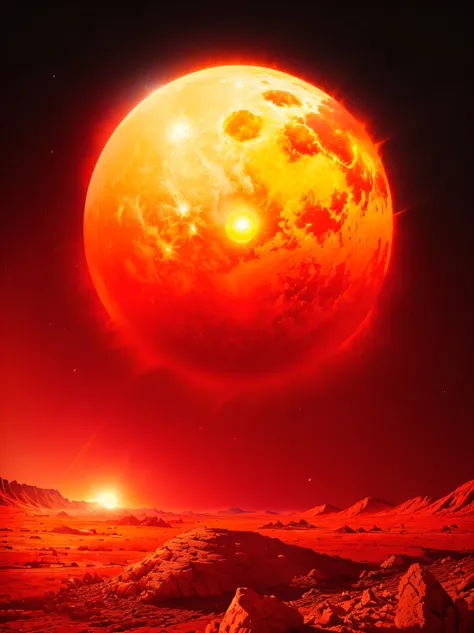 ((near rock ground)), arafed view of a red sun in the background,red sprites in the atmosphere, surreal nuclear eclipse blast, big red sun, dramatic sci-fi movie still, suns, the suns light is consumed, a large sphere of red energy, red sun in the backgrou...