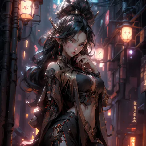 ((best quality)), ((Masterpiece)), ((Enrich the picture，Masterpiece level quality)), an image of a beautiful cyberpunk female, mature woman, fierce woman, cyberpunk theme, hips up, samurai girl, cyberpunk, fantasy, ((black hair, long hair)), beautiful gold...