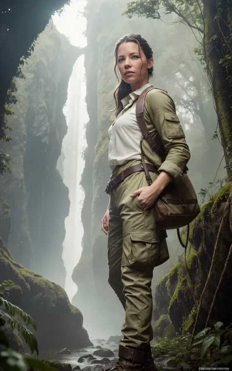 (Evangeline Lilly:Alicia Vikander) ponytail, Explorer in the jungle, white shirt, green jacket, beige cargo pants, year 1925, Lovecraft atmosphere, dark atmosphere, masterpiece, hyperdetailed, trending on artstation, sharp focus, golden ratio, 4k resolutio...