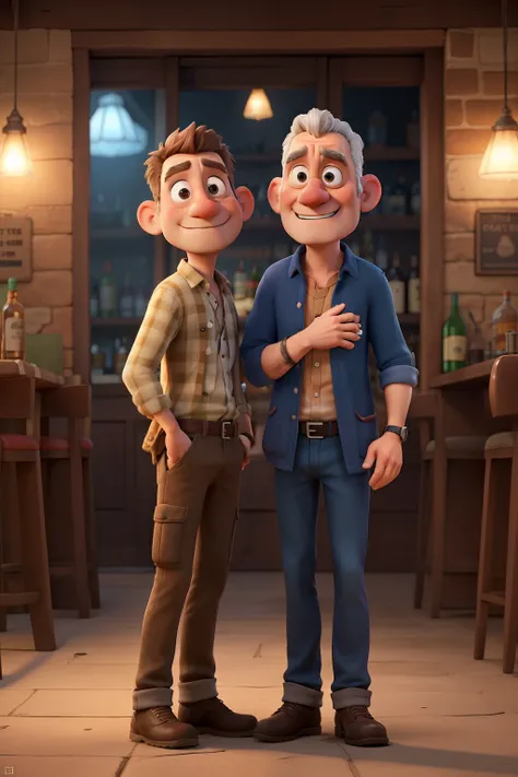 I want to create 2 poorly dressed drunks in a backlands setting, one sitting and one standing, at the door of a bar, in 3d drawing with lots of animation, separated from each other, as if you were having a dialogue