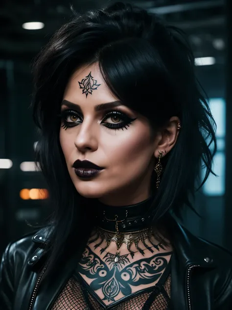 a cute emo milf, punk pop style, sexy pose, detailed facial features, piercing eyes, detailed lips, long eyelashes, intricate makeup, tattoos, nose ring, messy hair, black leather outfit, fishnet stockings, high heels, moody lighting, dark colors, dramatic...