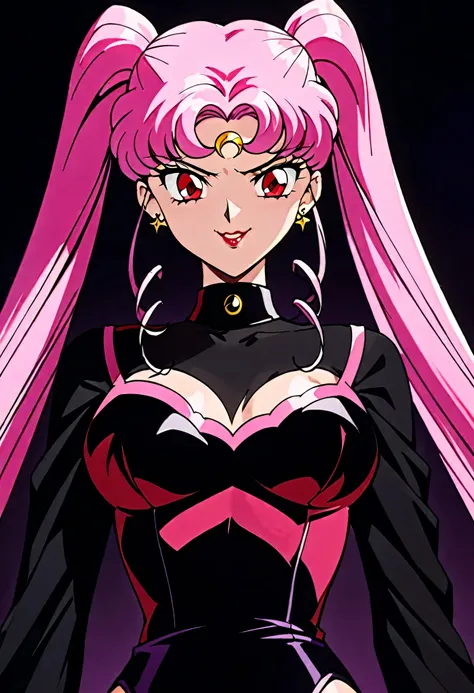 wicked lady from sailor moon, pink hair, red eyes, black background, black crescent moon mark on forehead, evil smile,beautiful ...