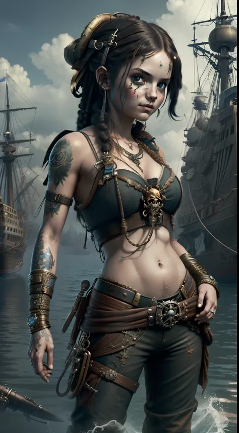 (Best Quality), (Masterpiece), (Detailed:1.4), Marine punk style, The Pirate Bay, Cute pirate girl in shabby clothes ,against the background of moored pirate ships, Cinematography, Action Scene, trend on artstation, Computer Graphics Society,  thousand., H...