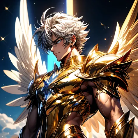 PEGASUS Saint Seiya, a handsome muscular young man wearing gold armor, with beautiful wings that are wide and majestic. Perfect face, perfect lips, perfect brilliant sharp neon-blue eyes, perfect nose, perfect ears, perfect fingers, perfect hands, white sh...