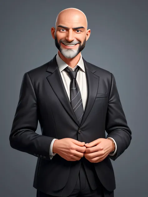 A business coach. He is in his mid-50s, bald and has a black beard. He wears a dark blazer over a dark shirt. He smiles kindly and wisely into the camera. He is an expert in his field. He is wealthy and exudes self-confidence. He is sporty and smart.