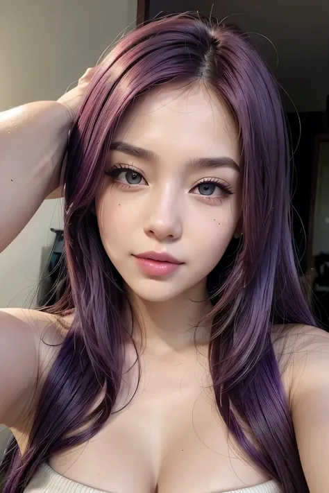 Beautiful woman taking a selfie for her Instagram, purple hair and pink lips