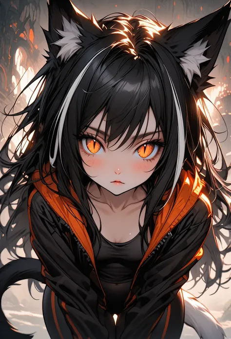 solo, female, Long silky black hair with a single white streak, cat girl, cat ears, cat tail, slender, athletic, amber eyes, slit pupils, long fluffy tail, black tail with white tip, fantasy, tight clothes, tight pants, low-cut top, jacket, close up