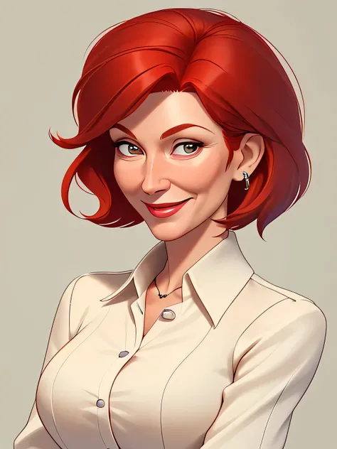 A business coach. She is of the Northern European type. She is in her mid-50s. She has red hair with a parting. She wears a light-colored blouse. She smiles friendly and wisely into the camera. She is an expert in her field. She is wealthy and exudes self-...