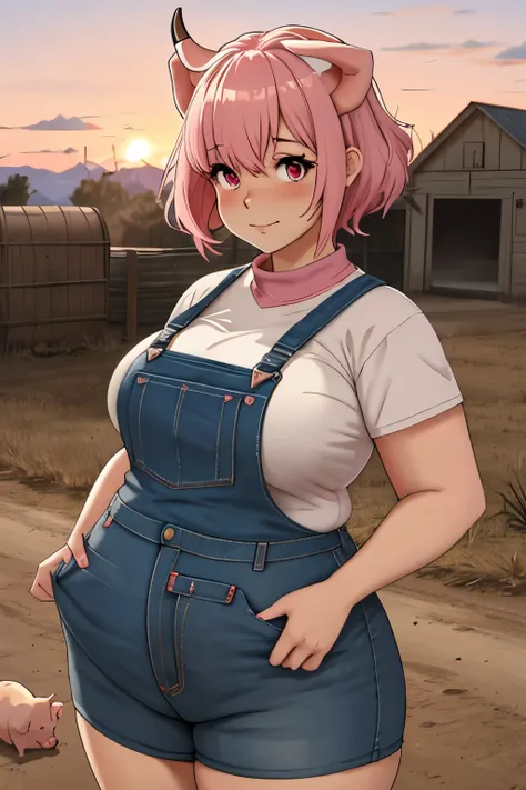 Texas, obese pink short haired pig girl, pink eyes, ranch pig pen, pif farmer outfit, dusk, masterpice, pig tail, pig horns
