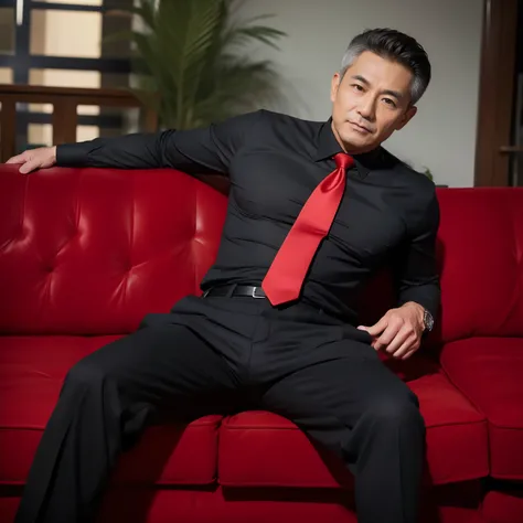 60 year old father,One Man、Black Shirt、Red tie、black slim pants、Sit on the sofa、Businessman chairman,Muscular、Very short perm、Thinning hair、Asian Face　Stubble、Gay、The crotch area of your trousers is bulging