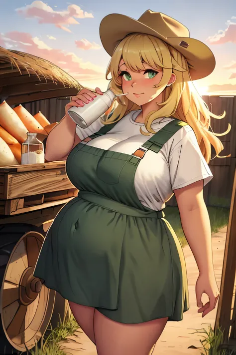 Texas, obese borwn haired farmer girl, green eyes, ranch, drink milk, farmer outfit, dusk, chubby potbelly, masterpice,
