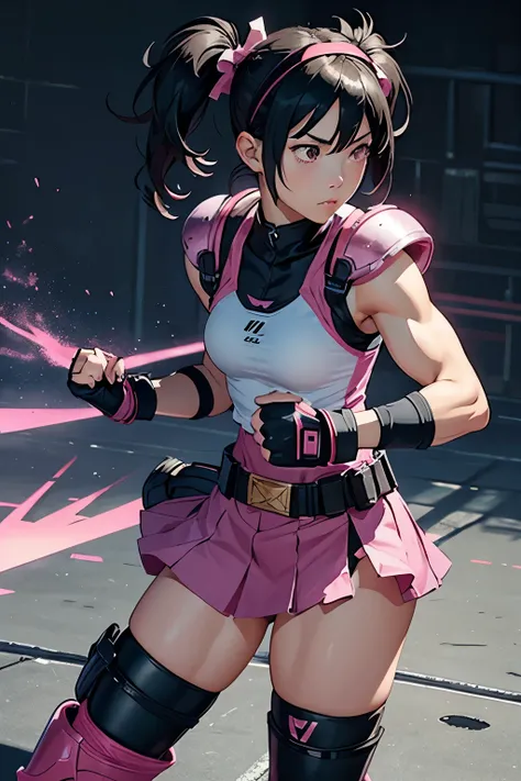 Female Fighter、Tall、Mature、Wristbands、Gloves、Utility Belt、Trained biceps、Toned thighs、Twin tails、Pink clothes、Shin Guards、Knee pads、Shoulder Armor、Headband、skirt、spats、tights、Black Hair、Elbow pads、Realistic