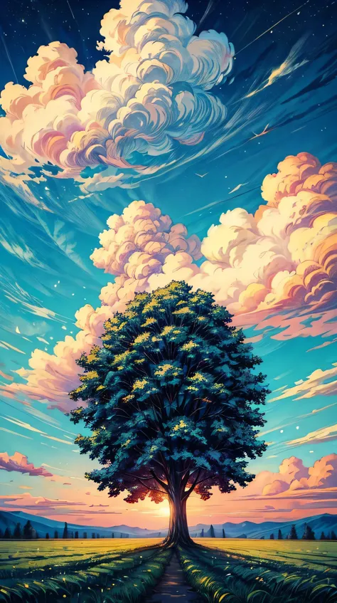 (landscape), beautiful night, A single, majestic tree stands alone in the middle of an open field, amazing sky, amazing clouds, beautiful sky, beautiful clouds, colored sky, high qualitity sky, a lot of clouds