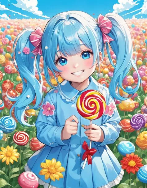 Chibi character holding a Chupa Chups in his hand、pop、Light blue long hair、Twin tail hairstyle、smile、背景はpop沢山で作られたお花畑