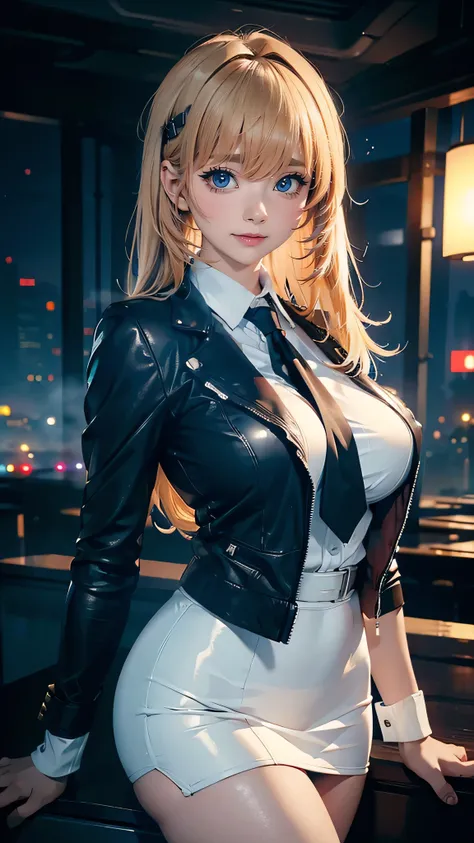 (masterpiece, best quality, ultra high resolution),1 girl, promote, dark brown skin, blue eyes, blonde hair, Big breasts, Thick thighs, Himekat, Black office jacket, White shirt, Black office skirt and black, Beautiful and detailed face, delicate eyes, Det...