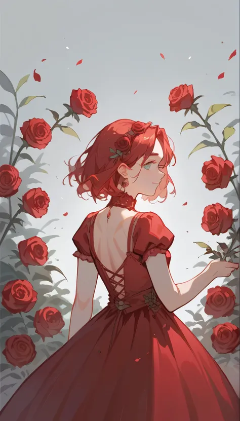 1 girl, solo,berasts,rose,red dress