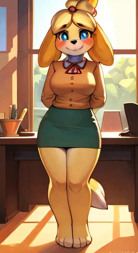 [isaCrossing], [Isabelle; Animal Crossing], [Uploaded to e621.net; (Pixelsketcher), (wamudraws)], ((masterpiece)), ((solo portrait)), ((front view)), ((feet visible)), ((furry; anthro)), ((detailed fur)), ((detailed shading)), ((beautiful render art)), {an...