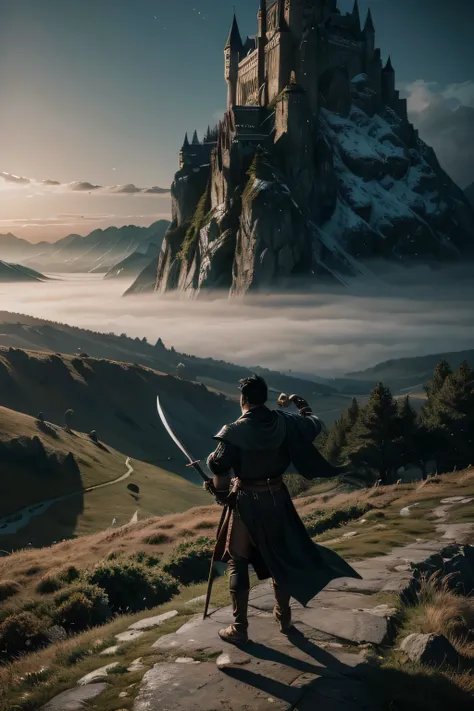 a wandering swordsman with black hair,medieval fantasy landscape,rolling mountains,castles and kingdoms in the background,detailed character portrait,breathtaking scenery,dramatic lighting,dynamic sword pose,cinematic composition,rich color palette,oil pai...