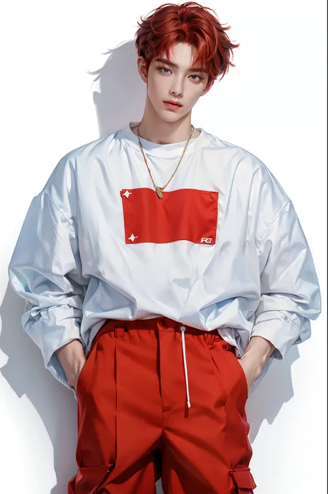 (4K)) ((very high quality)) ((white background)) ((amber-red hair color)) ((blue trousers))  стоит прмо One участник к-поп группы, Yunjun has a refined and attractive appearance......., which immediately distinguishes it from others. He has soft facial fea...