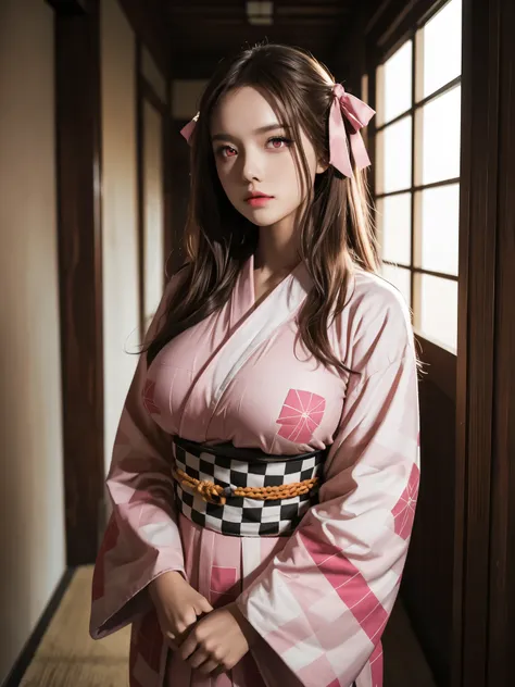 girl, pink kimono, geometric line pattern, (gigantic breasts:1.2), long sleeves, wide sleeves, long hair, ((black hair:0.6):(bro...