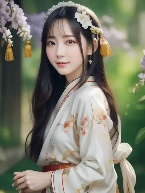 ((Realistic photos:1.3)),((Super detailed)),((sharp:1.5)),1 girl, alone, 櫻flower, flower見, white flower, white flower, Spring, Wisteria, flower瓣, flower, 梅flower, outdoor, falling flower瓣, Dark Eyes, from the left, White Kimono, Purple hair,(Hanfu), starli...