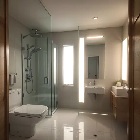 a modern trendy bathroom, a lighted toilet, a transparent shower stall with a sharko shower, a luxurious mirror, an elegant vanity unit, beautiful fixtures, all in light  broun  colors, soft lighting, high quality detailed render,photorealistic,8k,masterpi...