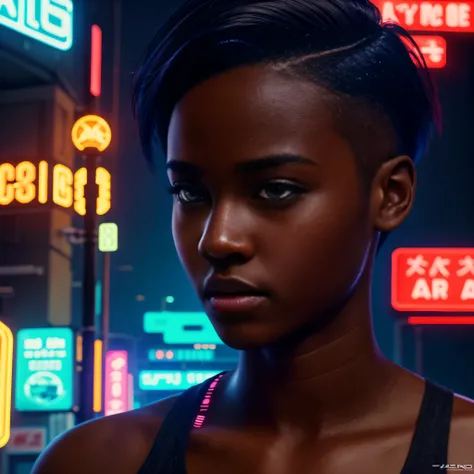 Dark skinned tomboy girl with undercut hair, illustrated by aoiro studio and masaaki komori, hyper detailed, neon lights, cinematic lighting, matte painting, illustrated in an oil painting style, trending on artstation, contemporary art, surrealistic and d...