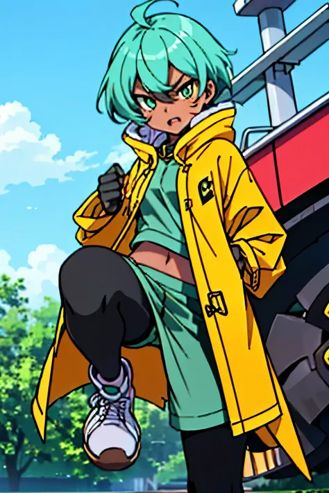 (Materpiece, complete body, best quality, good anatomy) 1 girl, solo, tanned skin, teal hair, multicolor hair, short hair, green eyes, yellow coat cape, white legwears, black, tank top, platform shoes!!, anger, scar mark, over left eye.