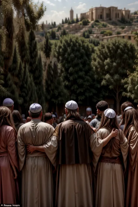 an ancient pre-christian jewish celebration, priests and jewish population participating in the rite in an ancient jewish city i...