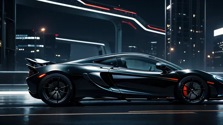 mclaren car in a futuristic city. It is drizzling in the night