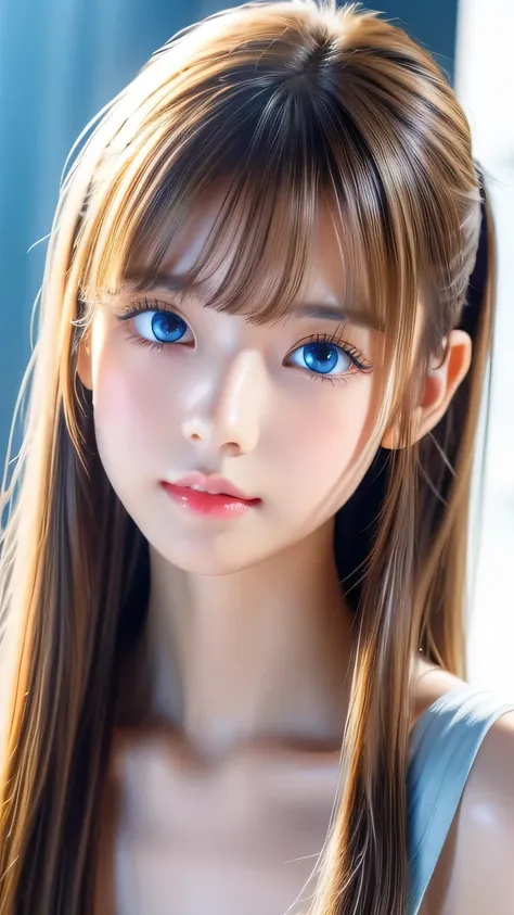 portrait、、bright look、ponytail、bangs between eyes、bangs on the face、young, shiny, white, glossy skin、gross face、cheek gloss high...