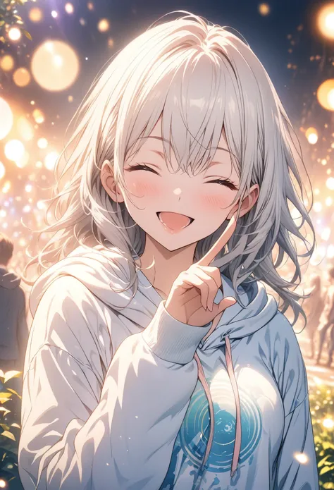 masterpiece, Best Quality, High-definition CG Unity 8k wallpaper, High School Girl Anime Illustration. Wear a large hoodie、Make a finger gun gesture to the audience, She closed her eyes、Mouth open, smile. The background is a light pastel colored landscape....